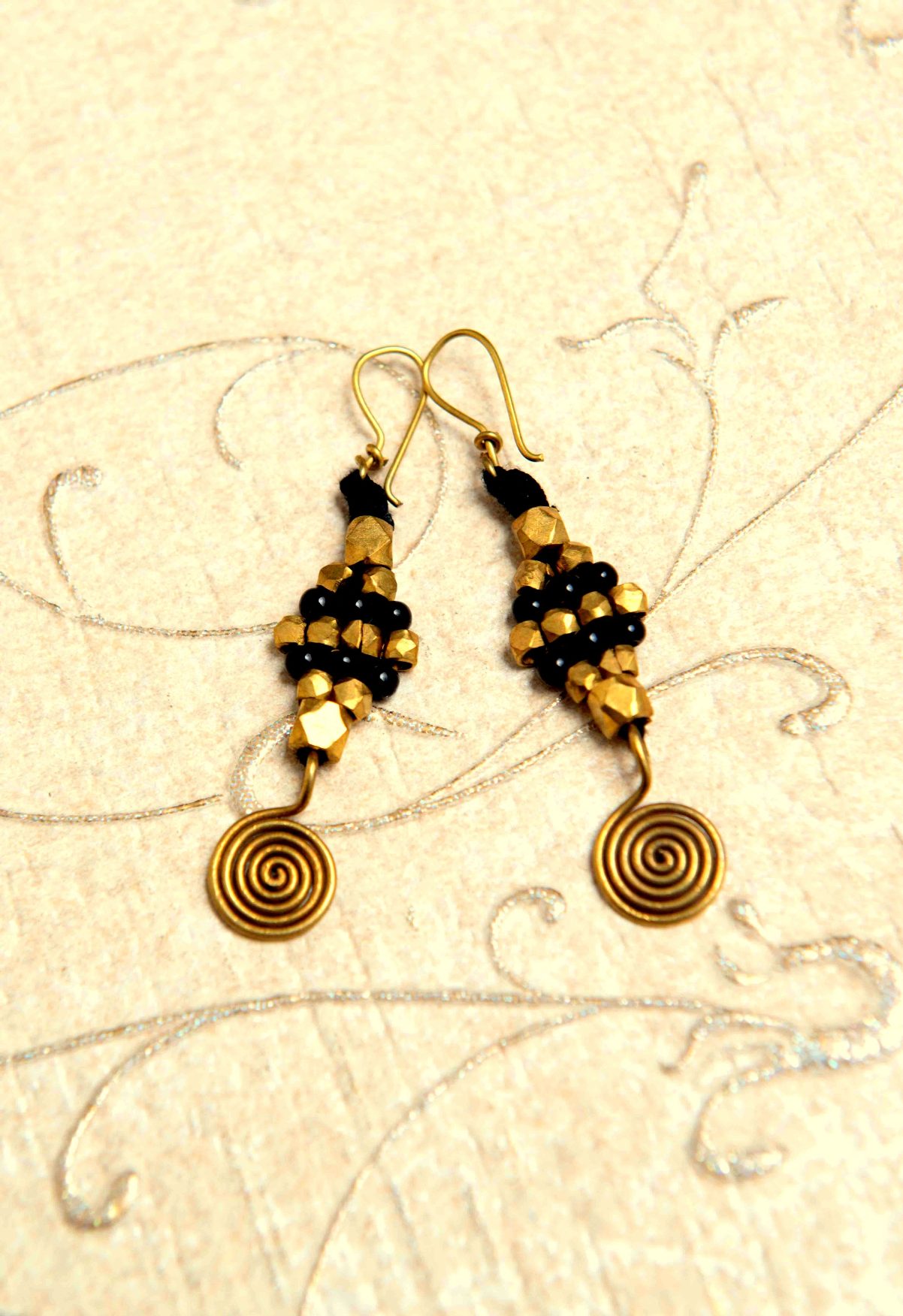 Black and Gold Beaded Dokra Earrings